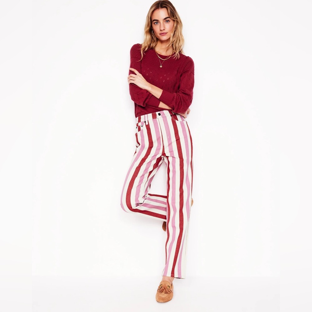 Boden High Rise Stripe Jeans Red Pink White Womens 32 Waist Regular